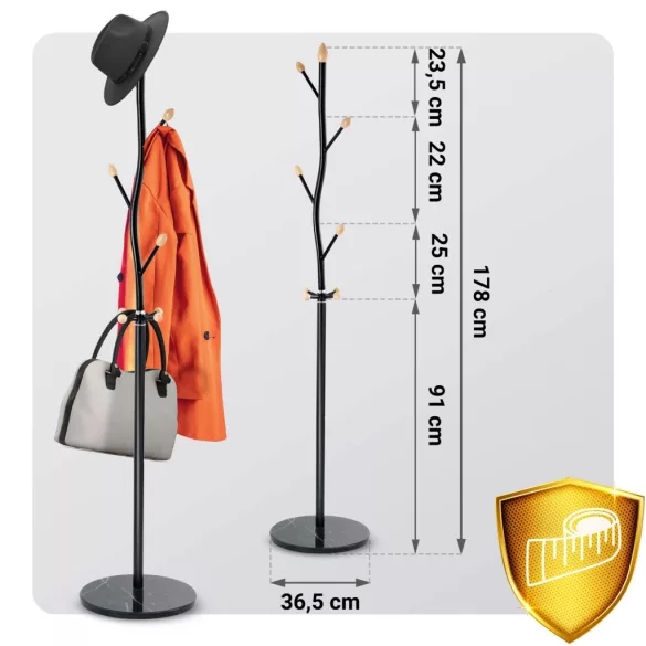 Álló ruhafogas, Massido 684000, fekete, magasság: 178 cm, 9 akasztó, márvány talp, acél váz, teherbírás: 20 kg