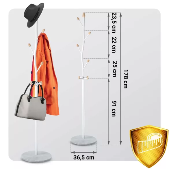 Álló ruhafogas, Massido 684001, fehér, magasság: 178 cm, 9 akasztó, márvány talp, acél váz, teherbírás: 20 kg