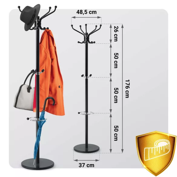 Álló ruhafogas, Massido 684100, fekete, magasság: 176 cm, 14 akasztó, márvány talp, acél váz, 360°-ban forgatható, esernyőtartóval, teherbírás: 20 kg