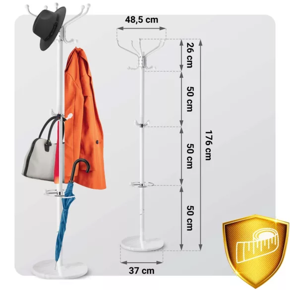 Álló ruhafogas, Massido 684101, fehér, magasság: 176 cm, 14 akasztó, márvány talp, acél váz, 360°-ban forgatható, esernyőtartóval, teherbírás: 20 kg