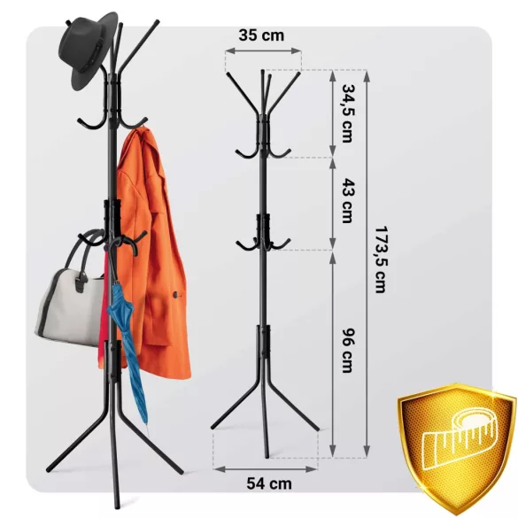 Álló ruhafogas, Massido 684200, fekete, magasság: 173,5 cm, 12 akasztó, háromlábú talp, acél váz, teherbírás: 20 kg