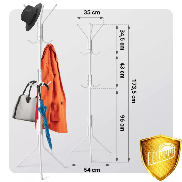 Álló ruhafogas, Massido 684201, fehér, magasság: 173,5 cm, 12 akasztó, háromlábú talp, acél váz, teherbírás: 20 kg