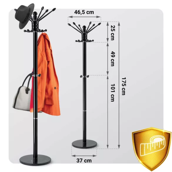 Álló ruhafogas, Massido 684300, fekete, magasság: 175 cm, 16 akasztó, márvány talp, acél váz, 360°-ban forgatható, teherbírás: 20 kg