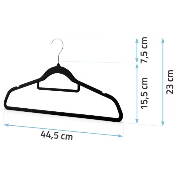 Vállfa szett, Massido MS-859, fekete, velúr bevonat, 44,5 × 15,5 cm, forgatható acél akasztó, 20 db-os szett