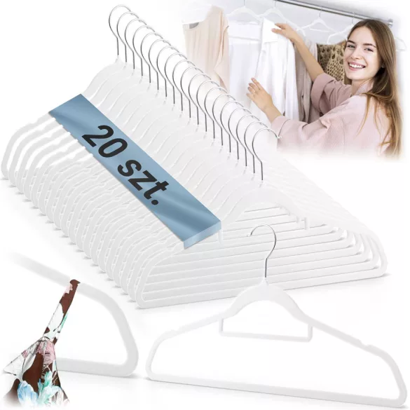Vállfa szett, Massido MS-859, fehér, velúr bevonat, 44,5 × 15,5 cm, forgatható acél akasztó, 20 db-os szett