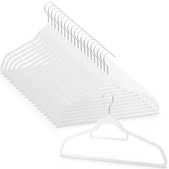 Vállfa szett, Massido MS-859, fehér, velúr bevonat, 44,5 × 15,5 cm, forgatható acél akasztó, 20 db-os szett