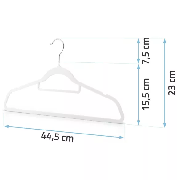 Vállfa szett, Massido MS-859, fehér, velúr bevonat, 44,5 × 15,5 cm, forgatható acél akasztó, 20 db-os szett