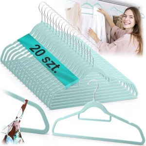Vállfa szett, Massido MS-859, menta, velúr bevonat, 44,5 × 15,5 cm, forgatható acél akasztó, 20 db-os szett
