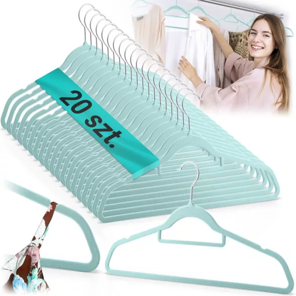 Vállfa szett, Massido MS-859, menta, velúr bevonat, 44,5 × 15,5 cm, forgatható acél akasztó, 20 db-os szett