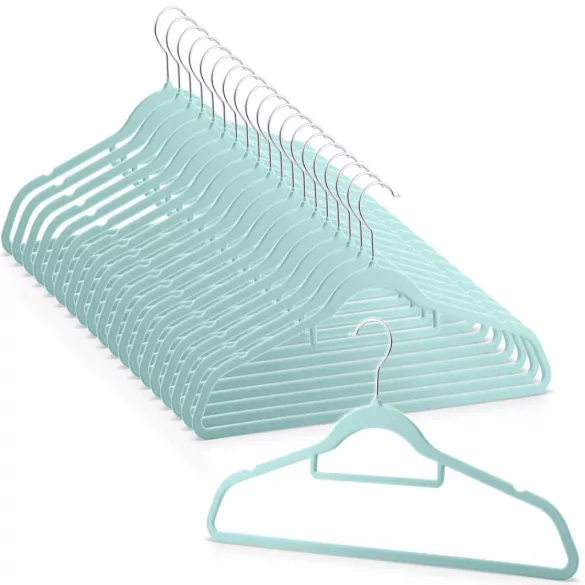 Vállfa szett, Massido MS-859, menta, velúr bevonat, 44,5 × 15,5 cm, forgatható acél akasztó, 20 db-os szett