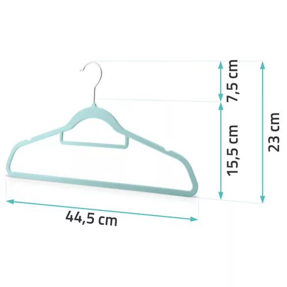 Vállfa szett, Massido MS-859, menta, velúr bevonat, 44,5 × 15,5 cm, forgatható acél akasztó, 20 db-os szett