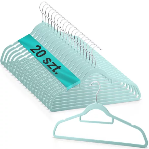 Vállfa szett, Massido MS-859, menta, velúr bevonat, 44,5 × 15,5 cm, forgatható acél akasztó, 20 db-os szett
