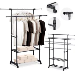   Mobil ruhásszekrény, Massido 686200, fekete, 91-146 x 42,5 x 88-155,5 cm, állítható, acél keret, fékezhető kerekek, 2 cipőtároló polc, teherbírás: 10 kg