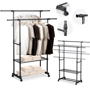 Mobil ruhásszekrény, Massido 686200, fekete, 91-146 x 42,5 x 88-155,5 cm, állítható, acél keret, fékezhető kerekek, 2 cipőtároló polc, teherbírás: 10 kg