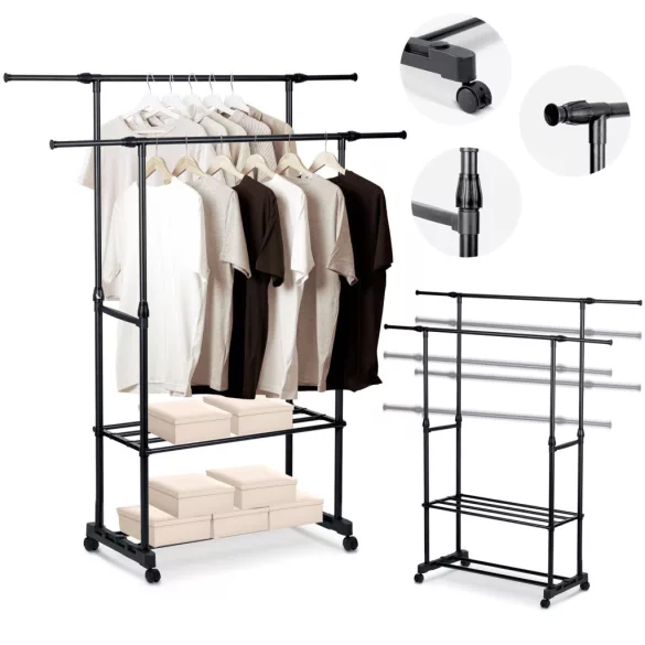 Mobil ruhásszekrény, Massido 686200, fekete, 91-146 x 42,5 x 88-155,5 cm, állítható, acél keret, fékezhető kerekek, 2 cipőtároló polc, teherbírás: 10 kg