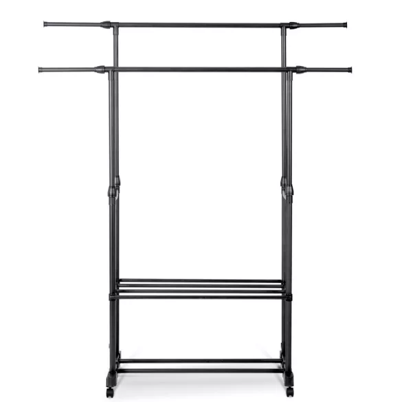 Mobil ruhásszekrény, Massido 686200, fekete, 91-146 x 42,5 x 88-155,5 cm, állítható, acél keret, fékezhető kerekek, 2 cipőtároló polc, teherbírás: 10 kg