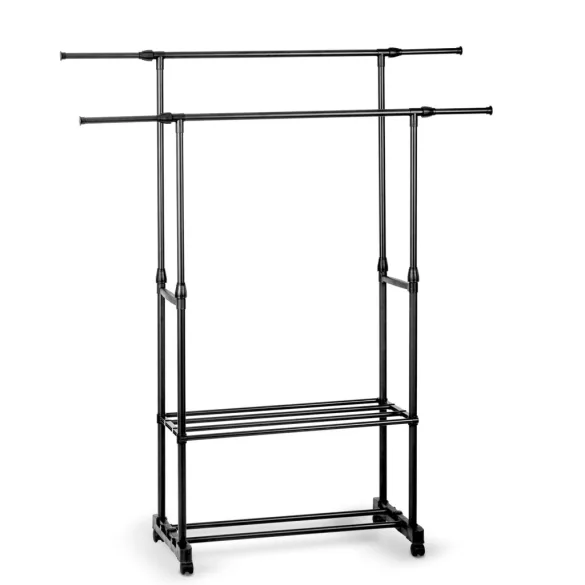 Mobil ruhásszekrény, Massido 686200, fekete, 91-146 x 42,5 x 88-155,5 cm, állítható, acél keret, fékezhető kerekek, 2 cipőtároló polc, teherbírás: 10 kg