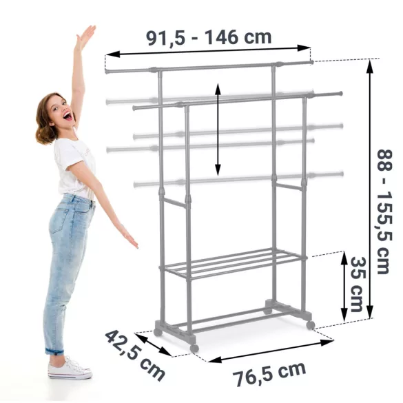 Mobil ruhásszekrény, Massido 686200, fekete, 91-146 x 42,5 x 88-155,5 cm, állítható, acél keret, fékezhető kerekek, 2 cipőtároló polc, teherbírás: 10 kg