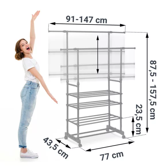 Ruhatartó állvány, Massido 686300, fekete, porszórt acél, 2 akasztórúd, 4 szintes tároló, 4 kerék, 10 kg teherbírás (TE686300)