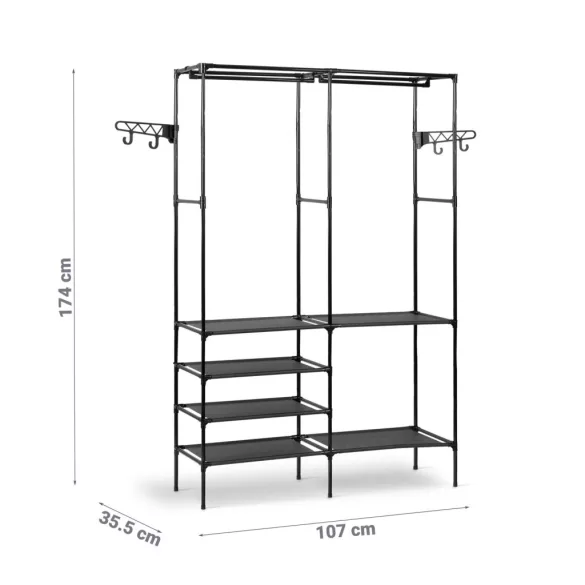 Mobil ruhásszekrény, Massido 686600, fekete, 107 x 35,5 x 174 cm, acél keret, 6 cipőtároló polc