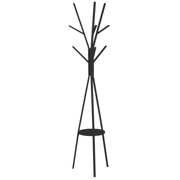 Álló ruhafogas, Massido MS-869, fekete, magasság: 181 cm, 12 akasztó, háromlábú talp, acél váz, polc, teherbírás: 20 kg