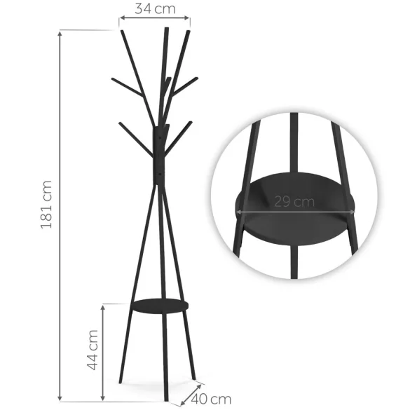 Álló ruhafogas, Massido MS-869, fekete, magasság: 181 cm, 12 akasztó, háromlábú talp, acél váz, polc, teherbírás: 20 kg