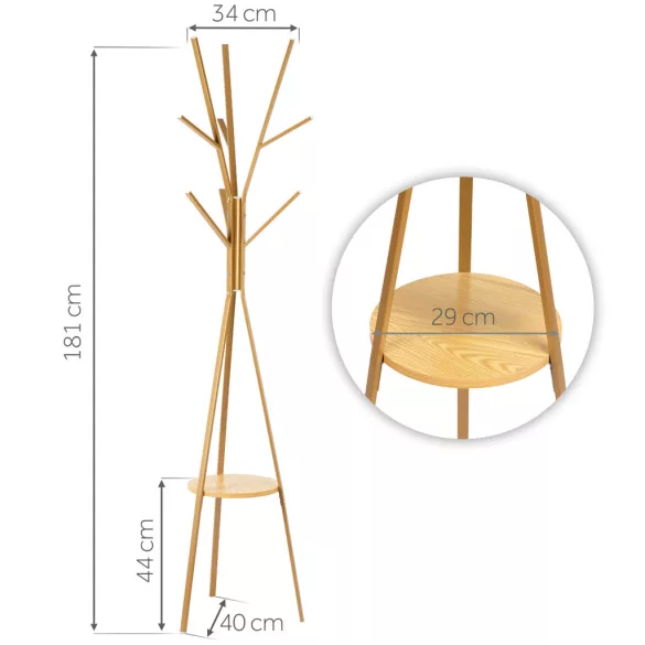 Álló ruhafogas, Massido MS-869, arany, magasság: 181 cm, 12 akasztó, háromlábú talp, acél váz, polc, teherbírás: 20 kg
