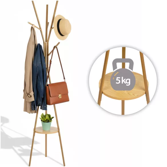 Álló ruhafogas, Massido MS-869, arany, magasság: 181 cm, 12 akasztó, háromlábú talp, acél váz, polc, teherbírás: 20 kg