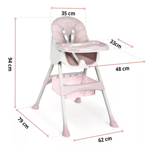 Etetőszék, Ricokids Milo, rózsaszín, összecsukható, állítható, levehető tálcával, 5 pontos biztonsági öv, csúszásgátló lábak, tárolókosárral, teherbírás: 15 kg