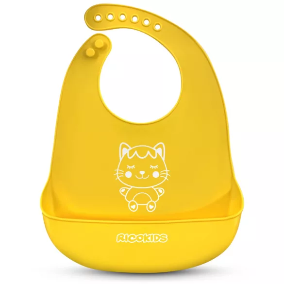 Etetőelőke, Ricokids, sárga, 31 x 22,5 cm, szilikon, zsebes, vízálló, BPA-mentes, 7 fokozatban állítható
