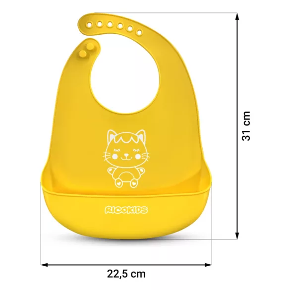 Etetőelőke, Ricokids, sárga, 31 x 22,5 cm, szilikon, zsebes, vízálló, BPA-mentes, 7 fokozatban állítható