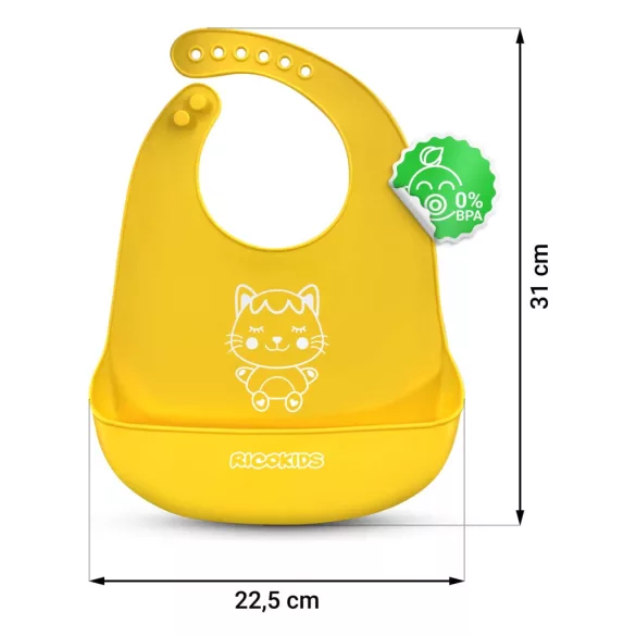 Etetőelőke, Ricokids, sárga, 31 x 22,5 cm, szilikon, zsebes, vízálló, BPA-mentes, 7 fokozatban állítható