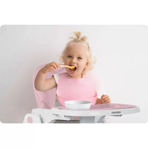 Etetőszék, Ricokids Tulo, rózsaszín, összecsukható, állítható, levehető tálcával, 5 pontos biztonsági öv, 2 kerekes láb, lábtartó, teherbírás: 15 kg