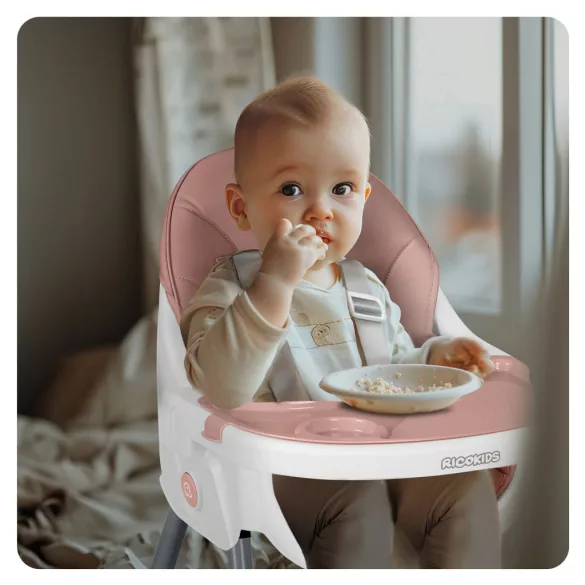 Etetőszék, Ricokids Mani, rózsaszín, állítható, levehető tálcával, 5 pontos biztonsági öv, tárolókosárral, teherbírás: 15 kg