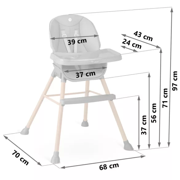 Etetőszék, Nukido Tilo, szürke, állítható, levehető tálcával, 5 pontos biztonsági öv, lábtartó, csúszásgátló lábak, teherbírás: 15 kg