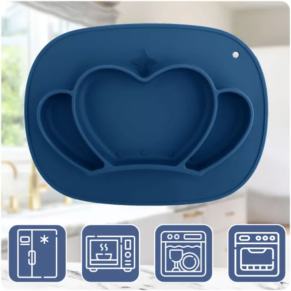 Gyerek etetőtányér, Ricokids 704802, korona forma, 32 x 24 cm, szilikon, BPA-mentes, 3 rekeszes, fedéllel, mikrózható, mosogatógépben mosható