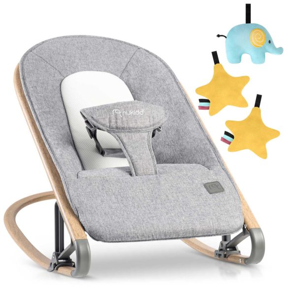 Gyerek pihenőszék, Nukido NK-53, szürke, 40,5 x 74 cm, levehető játékhíd, 2 fokozatú dönthetőség, mosható huzat, hárompontos biztonsági öv, 9 kg teherbírás