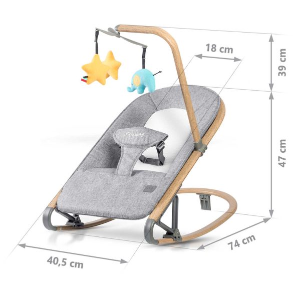 Gyerek pihenőszék, Nukido NK-53, szürke, 40,5 x 74 cm, levehető játékhíd, 2 fokozatú dönthetőség, mosható huzat, hárompontos biztonsági öv, 9 kg teherbírás