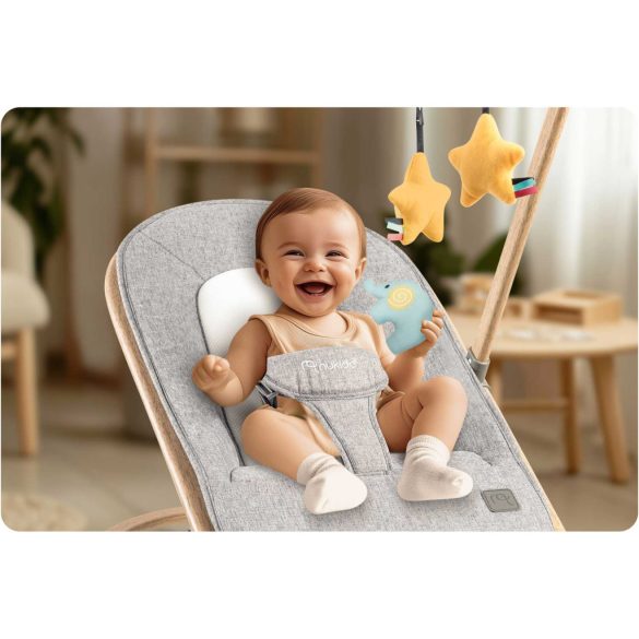 Gyerek pihenőszék, Nukido NK-53, szürke, 40,5 x 74 cm, levehető játékhíd, 2 fokozatú dönthetőség, mosható huzat, hárompontos biztonsági öv, 9 kg teherbírás