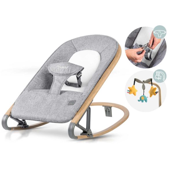 Gyerek pihenőszék, Nukido NK-53, szürke, 40,5 x 74 cm, levehető játékhíd, 2 fokozatú dönthetőség, mosható huzat, hárompontos biztonsági öv, 9 kg teherbírás