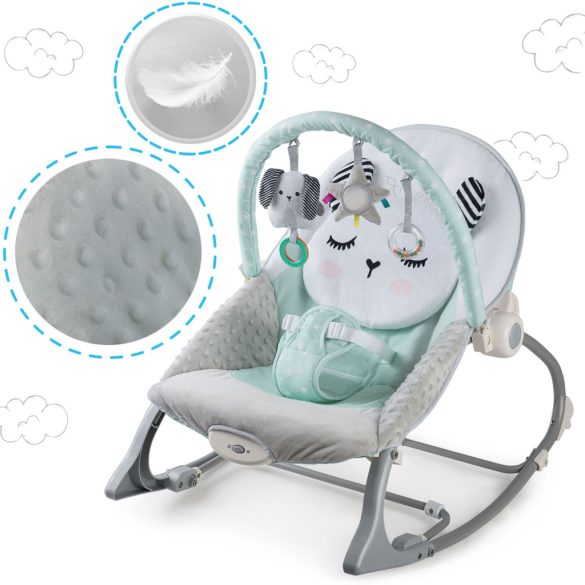 Gyerek pihenőszék, Nukido, zöld, 53 x 39 cm, levehető játékhíd, 2 fokozatú dönthetőség, mosható huzat, hárompontos biztonsági öv, vibrációs, elemes (3 x AA, nem tartozék), 9 / 18 kg teherbírás