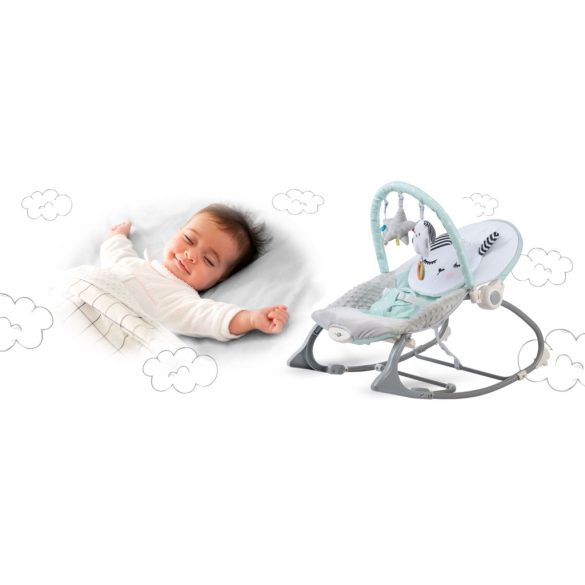 Gyerek pihenőszék, Nukido, zöld, 53 x 39 cm, levehető játékhíd, 2 fokozatú dönthetőség, mosható huzat, hárompontos biztonsági öv, vibrációs, elemes (3 x AA, nem tartozék), 9 / 18 kg teherbírás