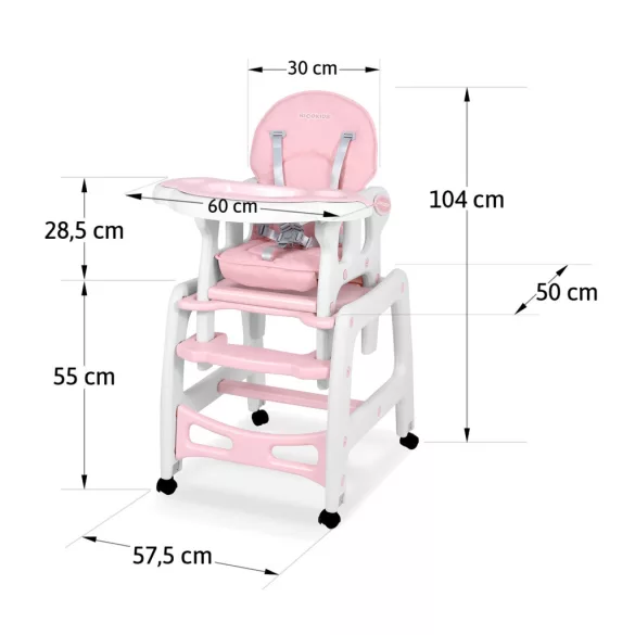 Etetőszék, Ricokids Sinco, rózsaszín, előkével, dönthető háttámla, kivehető dupla tálca, 4 kerekes láb, 2 kerék fékezhető, 5 pontos biztonsági öv, átalakítható asztallá és székké, teherbírás: 15 kg
