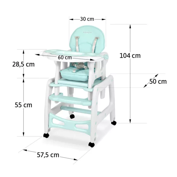 Etetőszék, Ricokids Sinco, türkiz, előkével, dönthető háttámla, kivehető dupla tálca, 4 kerekes láb, 2 kerék fékezhető, 5 pontos biztonsági öv, átalakítható asztallá és székké, teherbírás: 15 kg