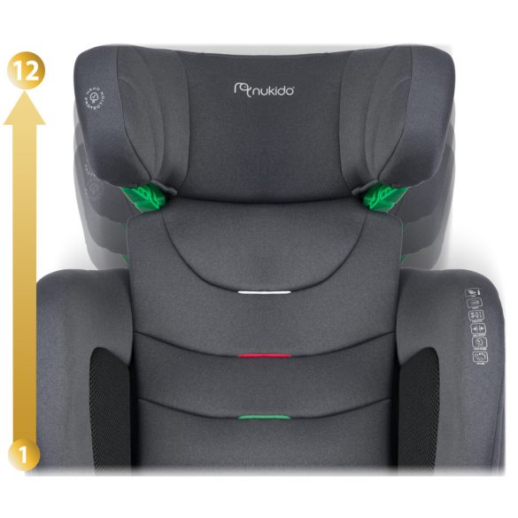 Autósülés, Nukido Louis Soft, szürke, 15–36 kg / 100–150 cm, Isofix, i-Size (ECE R129), 12 fokozatú fejtámla, 2 fokozatú döntés, mosható huzat, oldalsó védelem