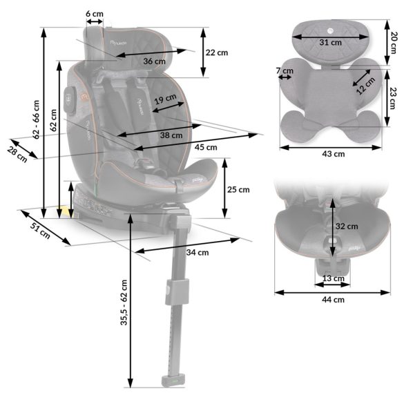 Autósülés, Nukido Prestige Line, szürke, 0–36 kg / 40-150 cm, Isofix, i-Size (ECE R129), 12 fokozatú fejtámla, 5 fokozatú döntés, csecsemőbetét, 360°-ban fordítható