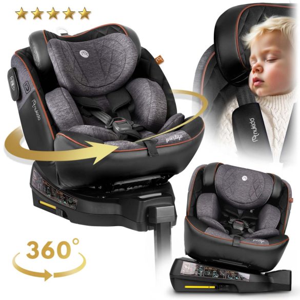 Autósülés, Nukido Prestige Line, szürke, 0–36 kg / 40-150 cm, Isofix, i-Size (ECE R129), 12 fokozatú fejtámla, 5 fokozatú döntés, csecsemőbetét, 360°-ban fordítható