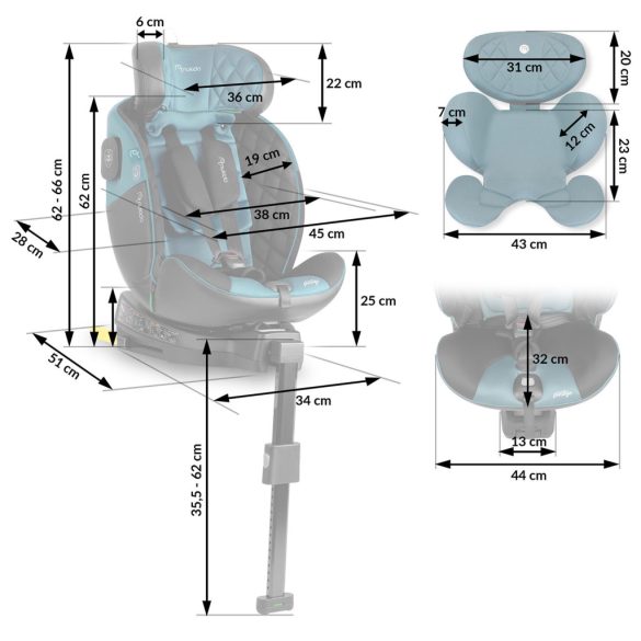 Autósülés, Nukido Prestige Line, kék, 0–36 kg / 40-150 cm, Isofix, i-Size (ECE R129), 12 fokozatú fejtámla, 5 fokozatú döntés, csecsemőbetét, 360°-ban fordítható