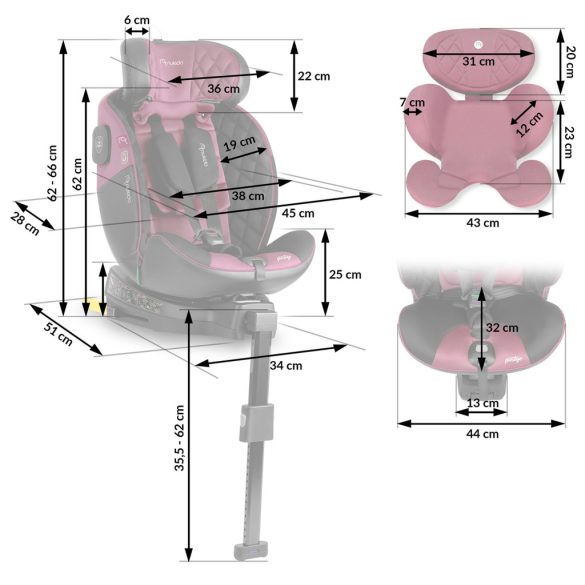 Autósülés, Nukido Prestige Line, rózsaszín, 0–36 kg / 40-150 cm, Isofix, i-Size (ECE R129), 12 fokozatú fejtámla, 5 fokozatú döntés, csecsemőbetét, 360°-ban forgatható