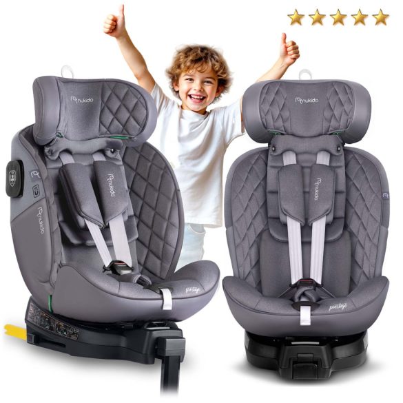Autósülés, Nukido Prestige Line, világosszürke, 0–36 kg / 40-150 cm, Isofix, i-Size (ECE R129), 12 fokozatú fejtámla, 5 fokozatú döntés, csecsemőbetét, 360°-ban forgatható